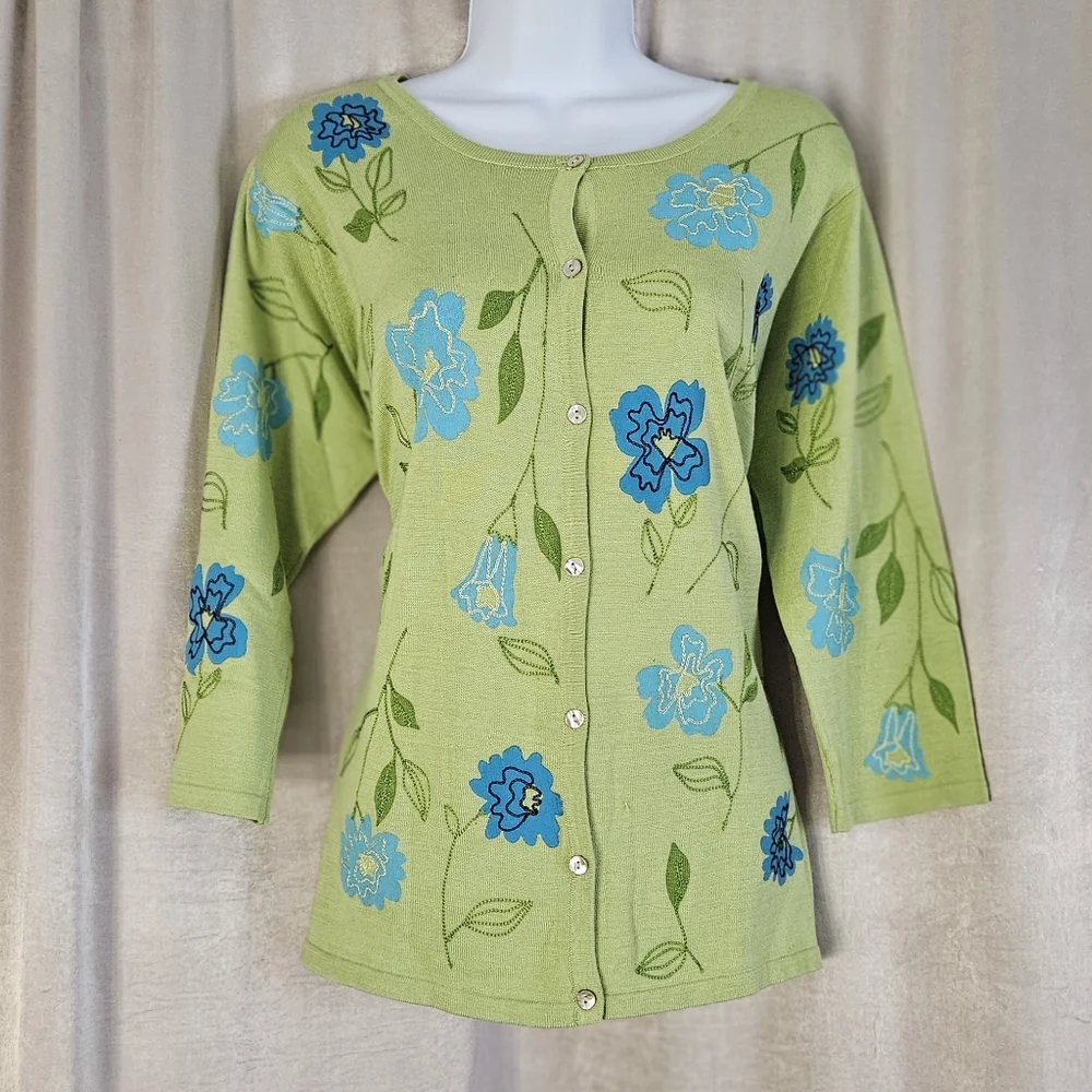 NWOT David Brooks green blue embroider floral silk cardigan sweater Women XLarge - Picture 5 of 9